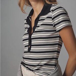 Anthropologie T.La Short-Sleeve Polo Tee Black & White Striped Size Medium